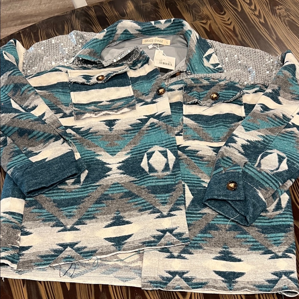 Grace& Emma Women's Aztec Patterned shacket- Teal and Gray